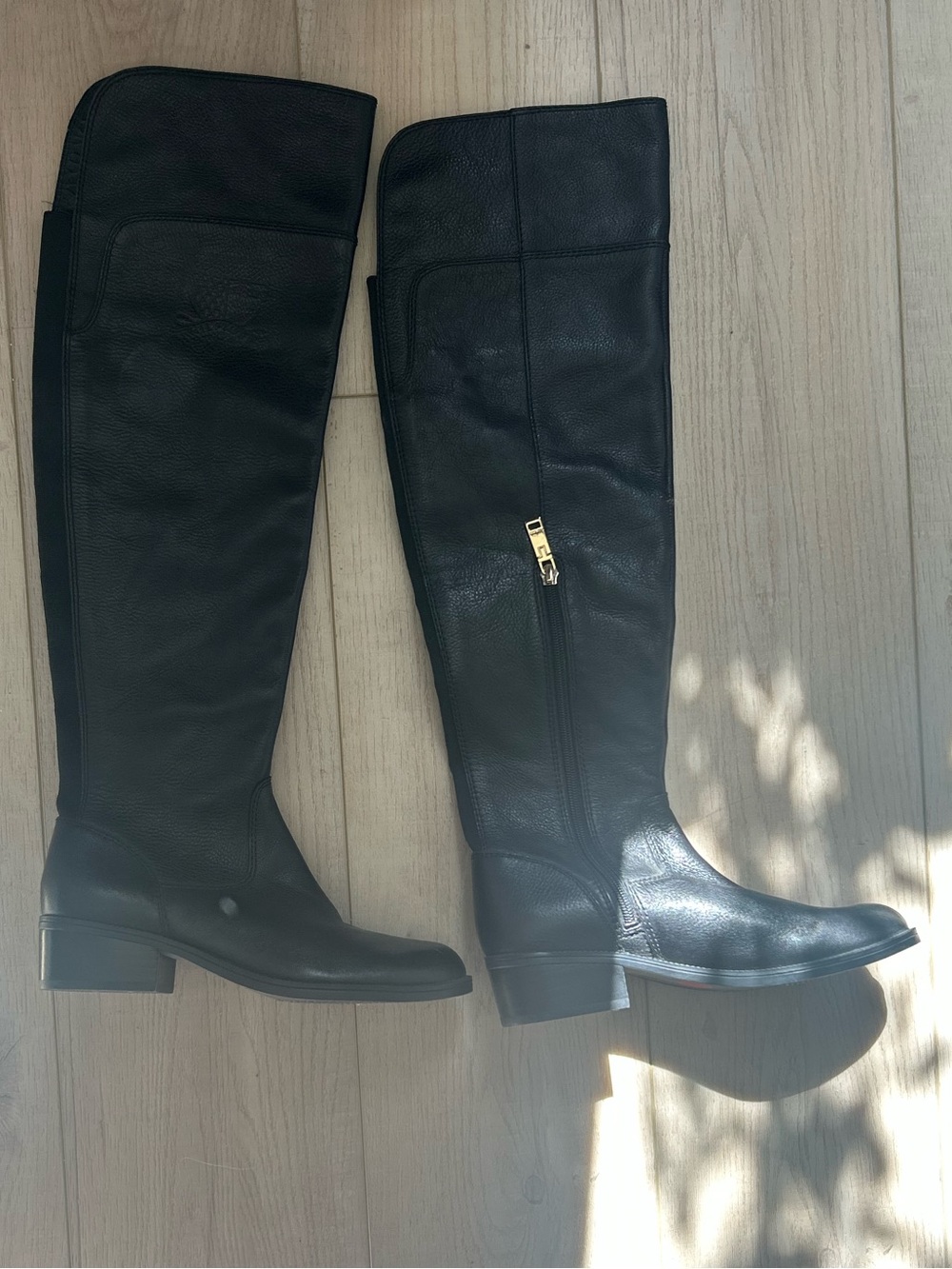 Tommy Hilfiger Black Over-the-Knee Leather Boots with Gold Zip